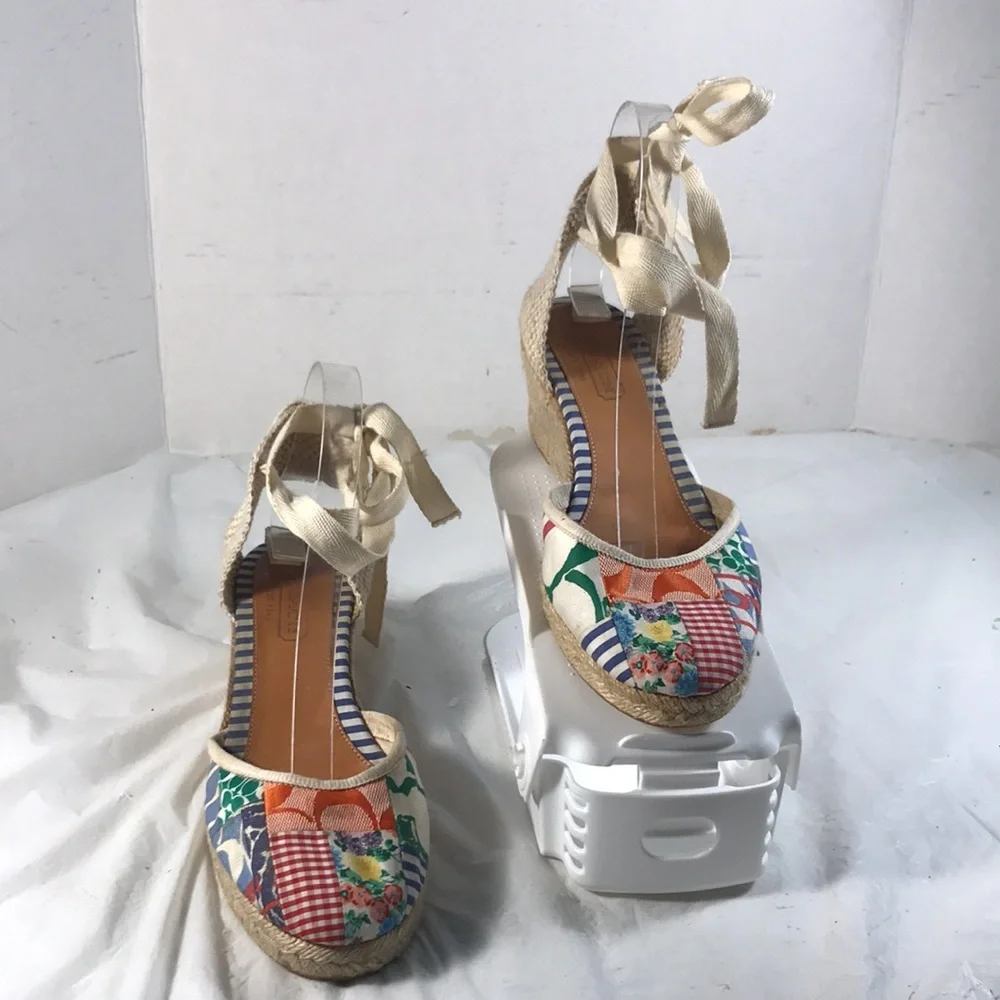 Coach Women’s Kerrie Patchwork Canvas Wedge Espadrille Ankle Tie Sandals Shoe